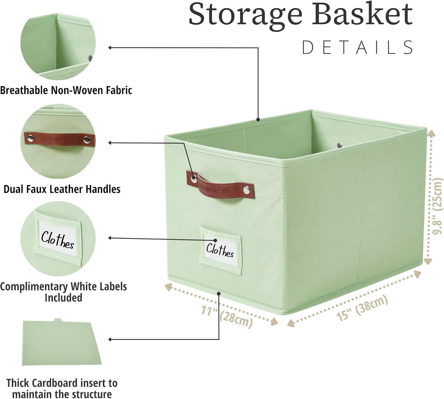 DECOMOMO Storage Bins, Storage Baskets for Shelves (Green) | 4 Pack Fabric Storage Bins, 15" x 11" x 9.9" Foldable Storage Bins with Labels