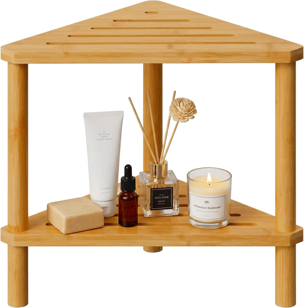 Corner Shower Stool for Shaving Legs, Corner Organizer | Waterproof, Durable, Bamboo, 2-Tier, Easy Assembly