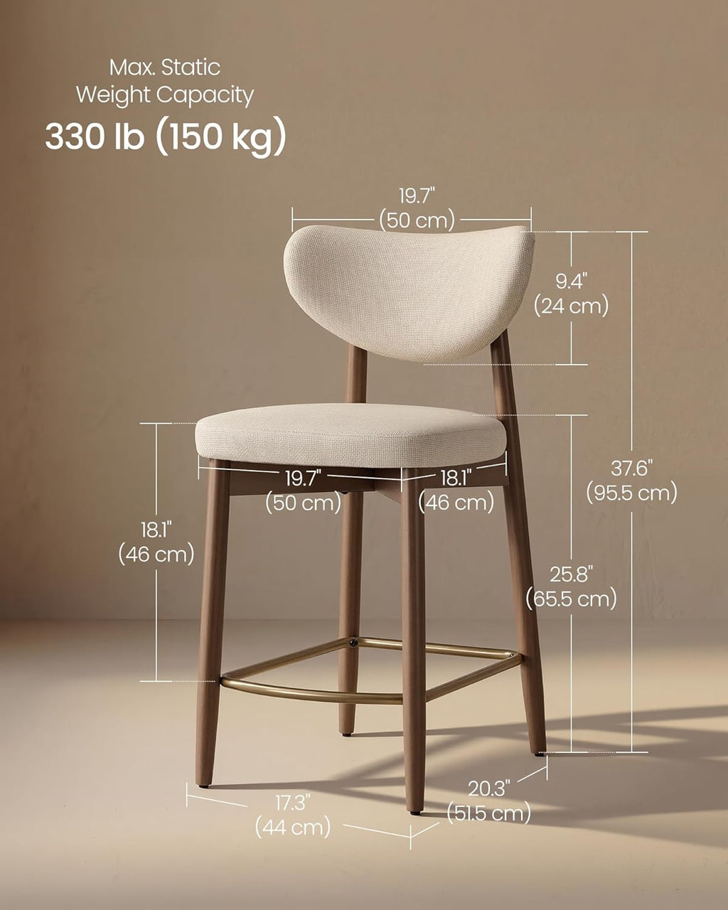 VASAGLE Wooden Bar Stools Set of 2, Linen-Look Fabric, Cappuccino Beige | Barstools with Solid Wood Legs, Ergonomic Backrest, Mid Century Modern, for Kitchen Island, Linen-Look Fabric