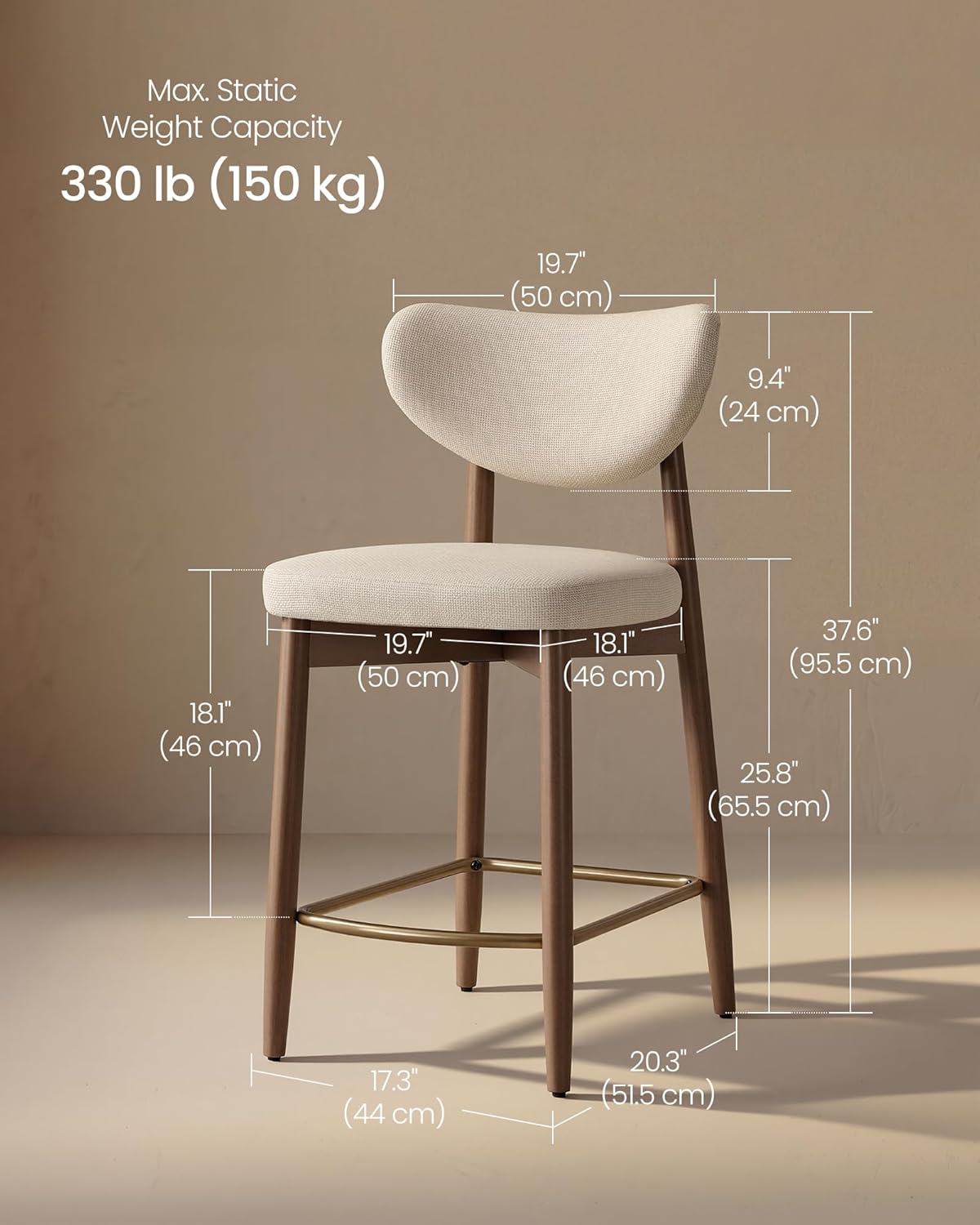 VASAGLE Wooden Bar Stools Set of 2, Linen-Look Fabric, Cappuccino Beige | Barstools with Solid Wood Legs, Ergonomic Backrest, Mid Century Modern, for Kitchen Island, Linen-Look Fabric