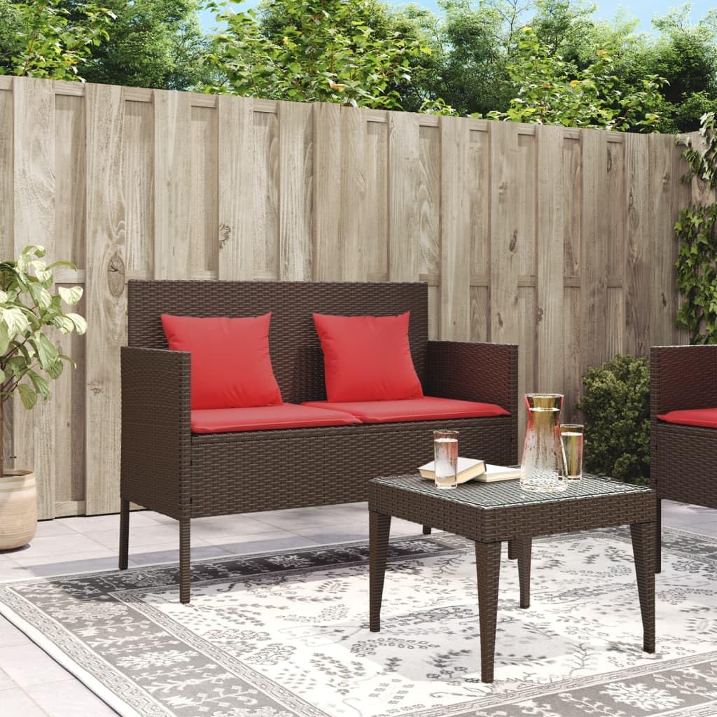 Patio Bench with Cushions, Brown Poly Rattan Outdoor Storage Bench with Waterproof Bag and Thick Cushion