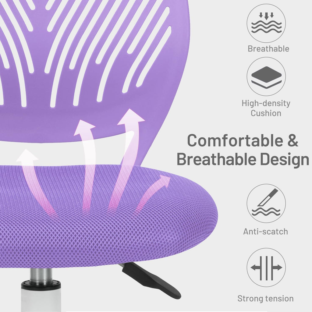 FurnitureR Purple Armless Desk Chair, Ergonomic Swivel Study Chair with Mesh Seat & Rolling Wheels, Lightweight Cute Task Chair for Creating a Cozy & Inspiring Kids’ Study Space — A Lovely Gift Choice
