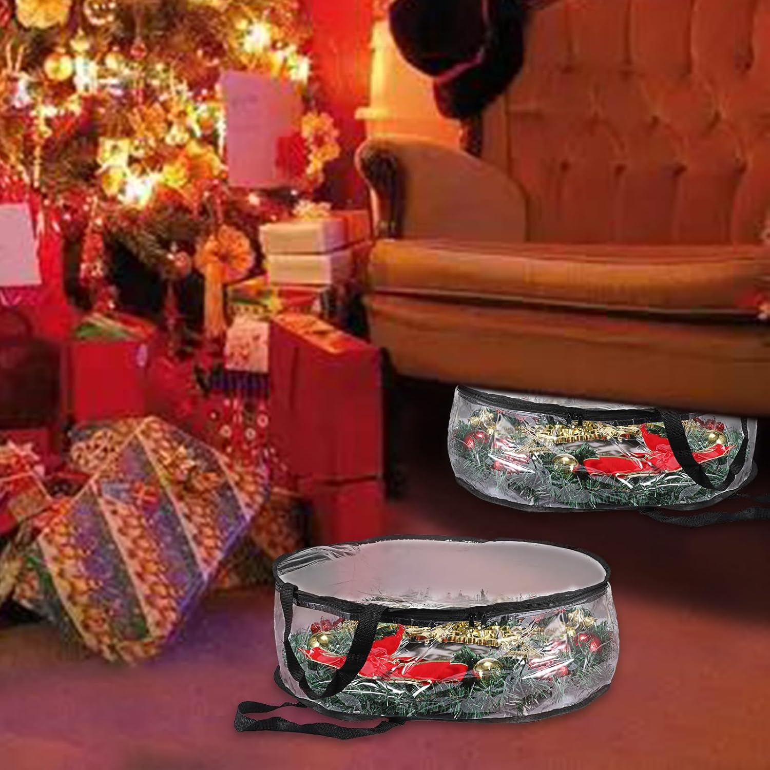 Kokone Wreath Storage Organizer for Door 3 Pack Clear Christamas Wreath Storage Bag or Container with Handle 36'' Dual Zippered Wreath Bag for Festival PVC Plastic Wreath Protector for Decoration