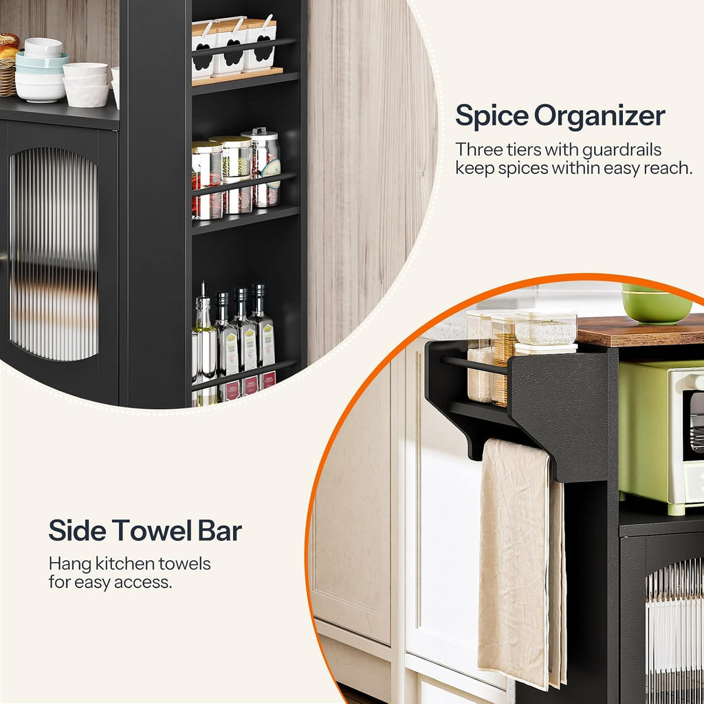 HOOBRO Kitchen Island with Power Outlet, Rolling Kitchen Island with Glass Doors and Open Storage Shelf, Island Table with Spice Rack, Towel Rack for Kitchen, Rustic Brown and Black BF53UZD01
