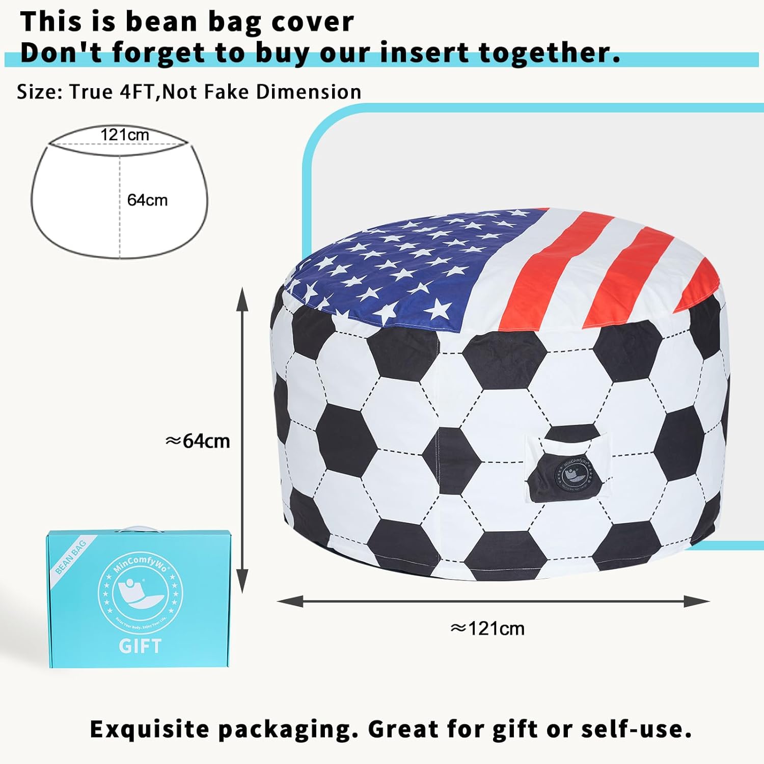 4FT Soccer Football Bean Bag Chair with Printed Flag Bean Bag Cover for Adults&Kids,2026 World Cup USA Fan Large Memory Foam Beanbags Ideal for Game Day & Living Room Bedroom