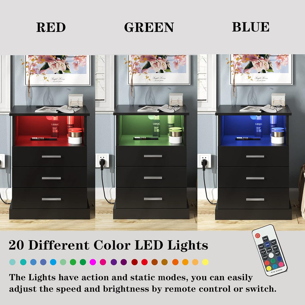 Halitaa Black LED Nightstand with Charging Station, Side Table with 3 Drawers and Light, End Table with Open Storage, Beside Cabinet for Bedroom (Black)