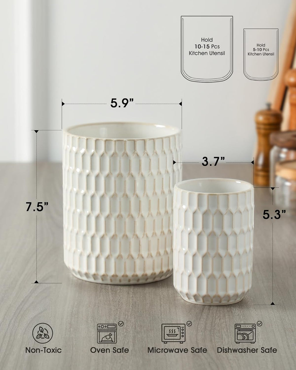 Utensil Holder Set of 2, Large & Small Ceramic Utensil Holder for Kitchen Countertop, Farmhouse Kitchen Decor, Thick Durable Utensil Crock Organizer, Beige