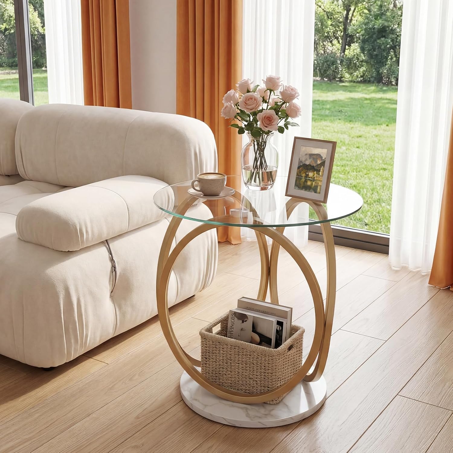 Giantex Round End Table, Faux Marble Sofa Couch Side Table with Tempered Glass Tabletop & Ring Gold Metal Frame, Small Coffee Tables for Decoration, Bedside Night Stand for Bedroom Living Room