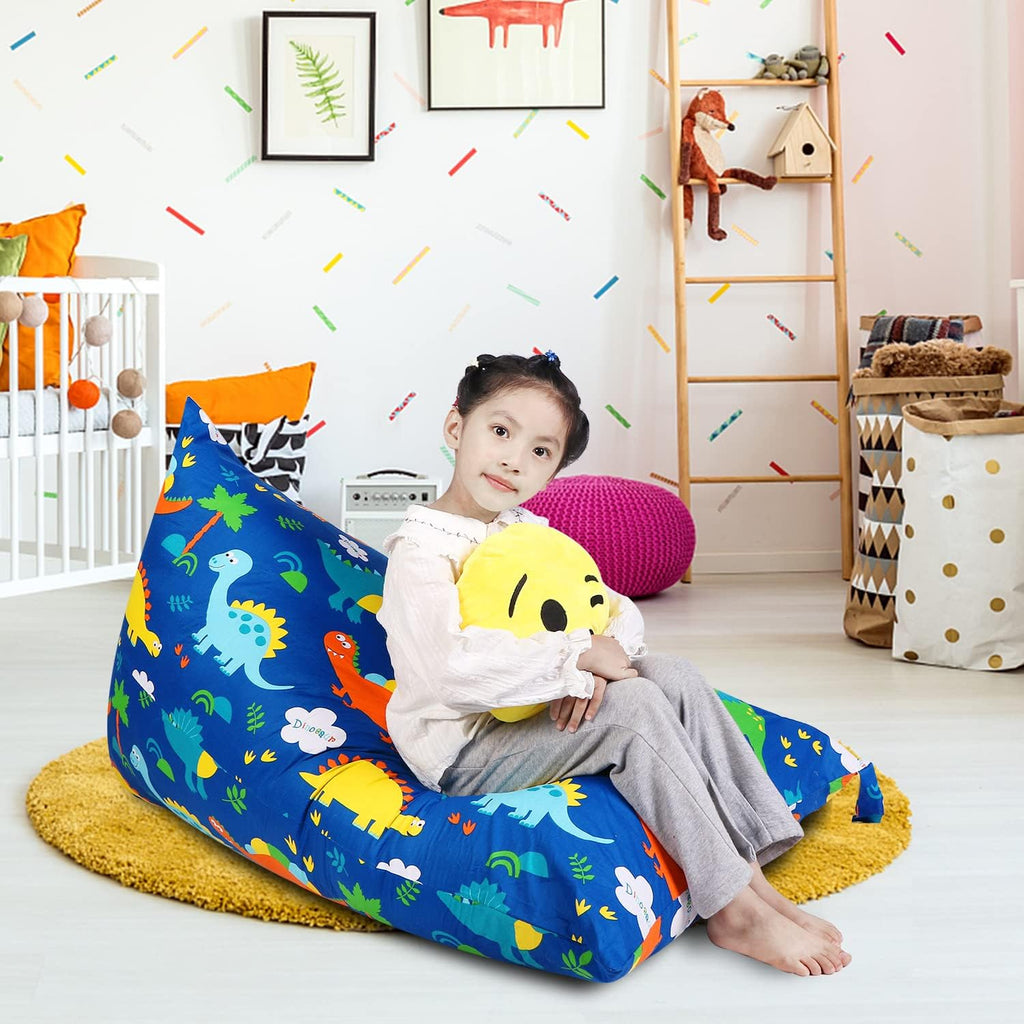 LOLOMLO Stuffed Animal Storage Bean Bag Chair Cover, Cotton Blue Dinosaur Plush Toy Storage Stuff and Sit Seat for Kids/Teens/Adults, 52" x 31" Extra Large Triangle Floor Sofa, 200L/52Gal, Cover Only