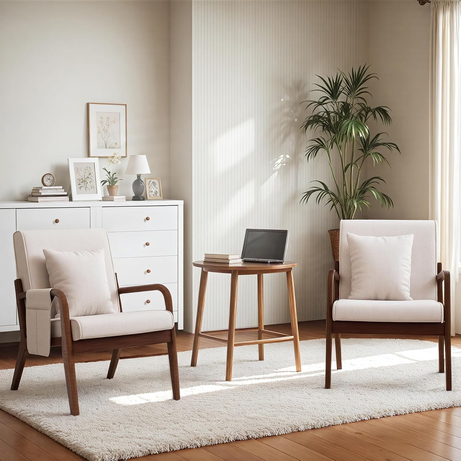 HOMMPA Mid-Century Modern Accent Chair Set of 2, Comfy Reading Armchair with Solid Wood Frame & Lumbar Pillow, Upholstered Linen Lounge Chair with Side Pocket for Living Room, Bedroom,Balcony(Beige)
