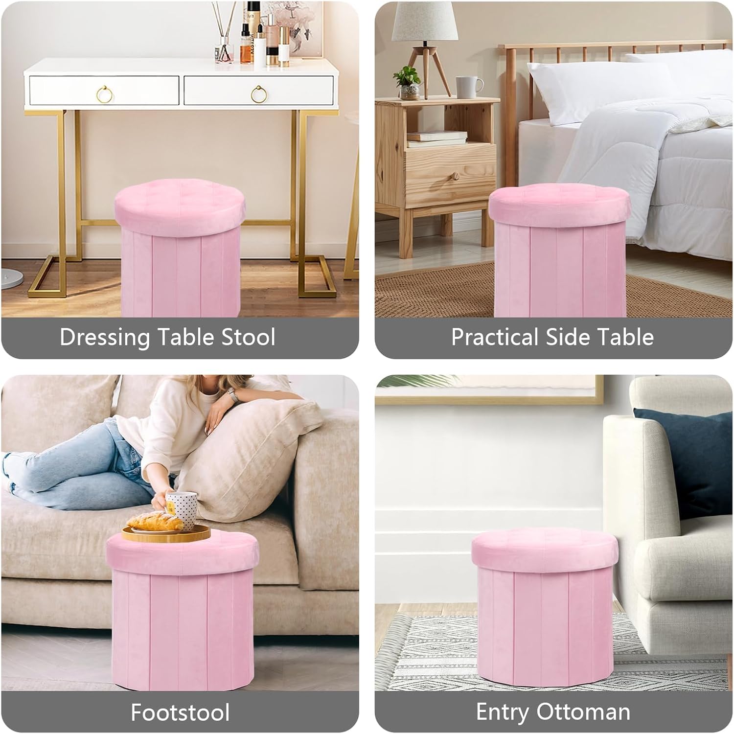 AmasSmile Storage Ottoman Folding Foot Rest Stool, 14x14x13 inch Small Leather Footstool Bench, Short Ottoman Bench, Storage Foot Rest Store, Blanket Chest, Rose Pink
