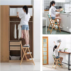 Solid Wood Folding Bar Stool Height Foldable Stool Tall Stool 3 Step Multifunction Indoor Ladder Stool Portable Foldable Stool Step Stool For Household Kitchen Bathroom Storage Shelf(Wood color)