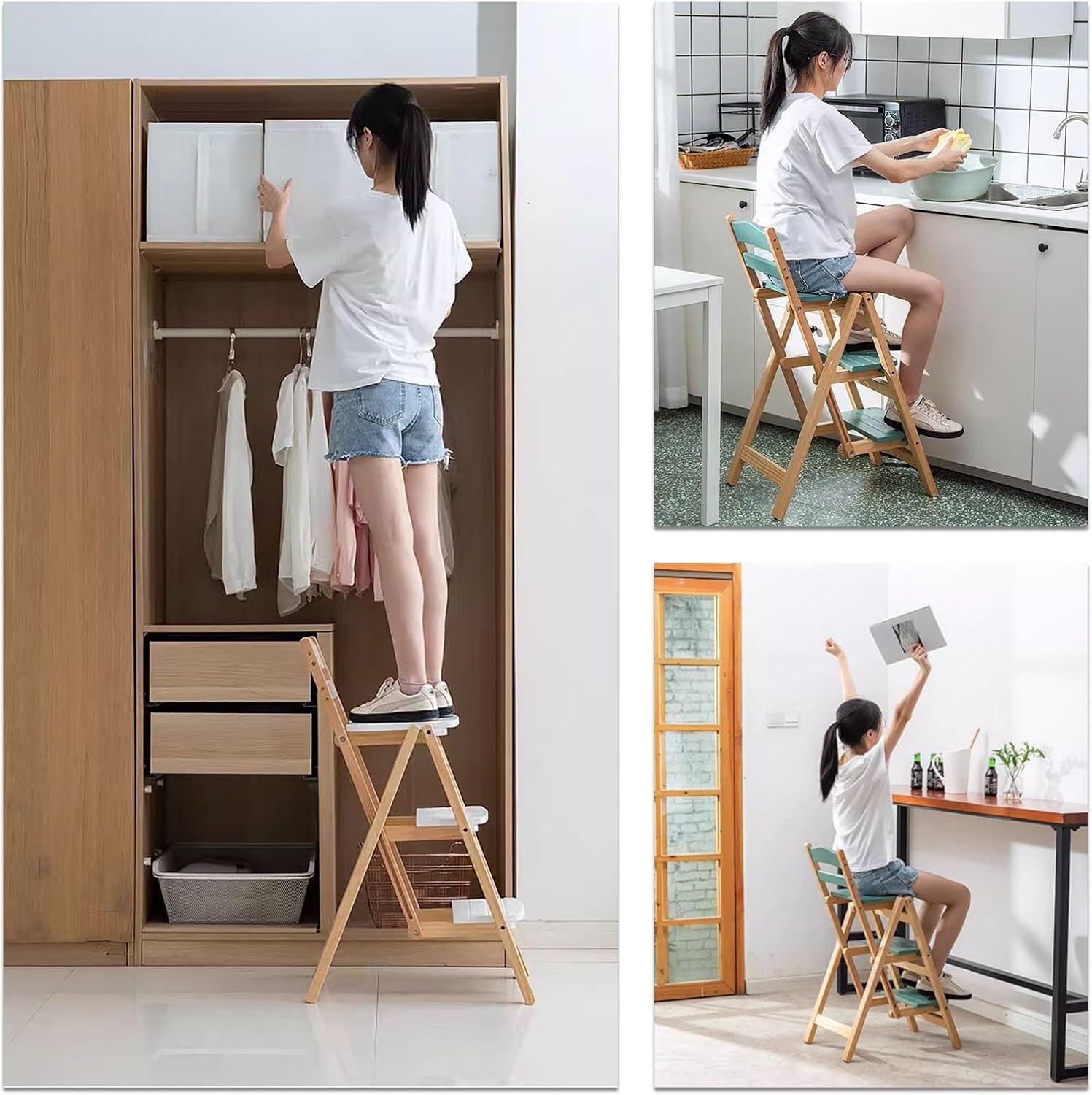 Solid Wood Folding Bar Stool Height Foldable Stool Tall Stool 3 Step Multifunction Indoor Ladder Stool Portable Foldable Stool Step Stool For Household Kitchen Bathroom Storage Shelf(Wood color)