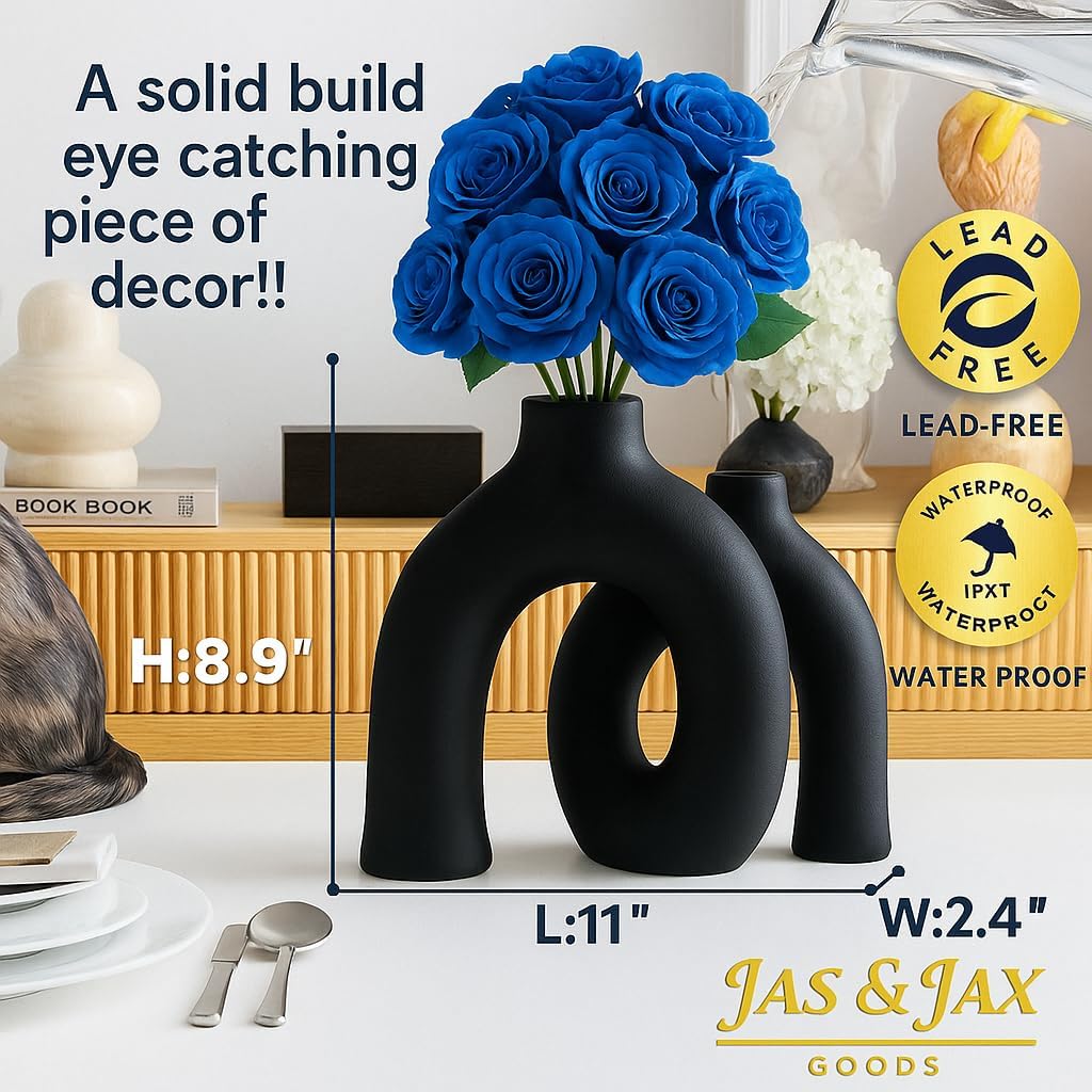 Matte Black Ceramic Vase Set - Modern Hug Donut Ceramic Vases by JAS & JAX GOODS, Minimalistic Nordic Home Decor Centerpiece for Console Tables, Living Room, Bookshelf, or Fireplace Mantel