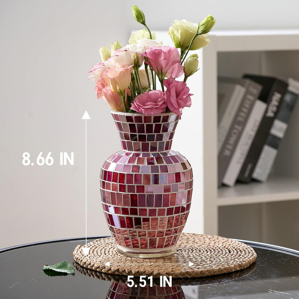 Pink Mosaic Glass Flower Vase, 8.7 Inch Handmade Home Decorative Vase for Living Room, Kitchen, Wedding, Pink Vase for Home Decor(Large)
