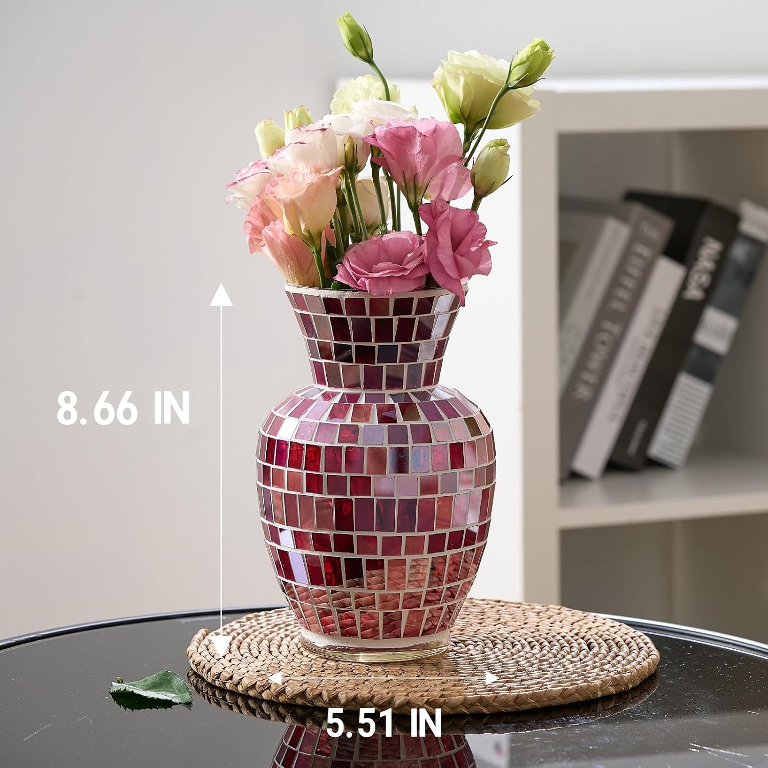 Pink Mosaic Glass Flower Vase, 8.7 Inch Handmade Home Decorative Vase for Living Room, Kitchen, Wedding, Pink Vase for Home Decor(Large)