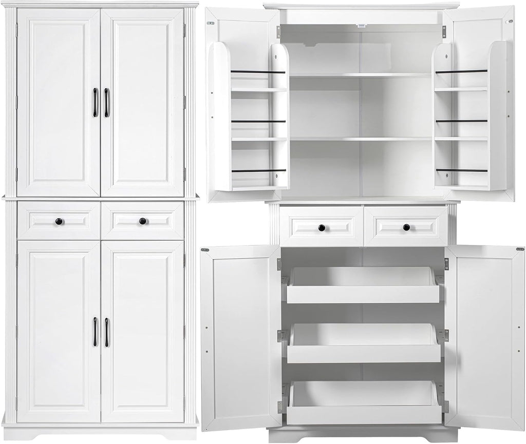 Kitchen Pantry with 3 Pull Out Cabinet Organizers, Farmhouse Freestanding Storage Cabinet with 6 Door Shelves and 2 Drawers for Kitchen, Dining Room (White)