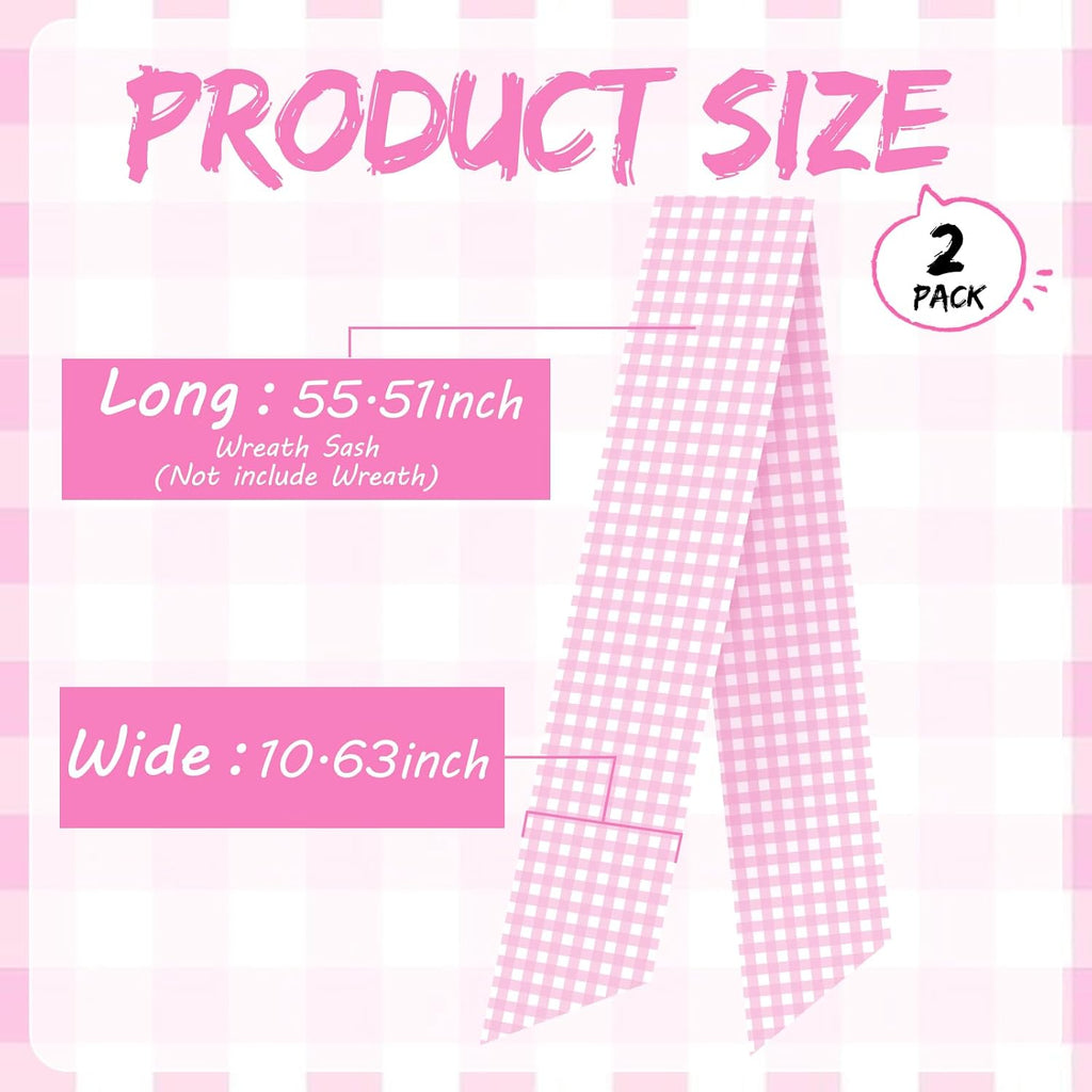 Pink Wreath Sash for Front Door - 2 Pcs Cotton Plaid Sashes for Wreaths Baby Shower Girl, 55.5 Inch Check Wreath Sash for DIY Embroidery Monogram Bow Party Home Decor