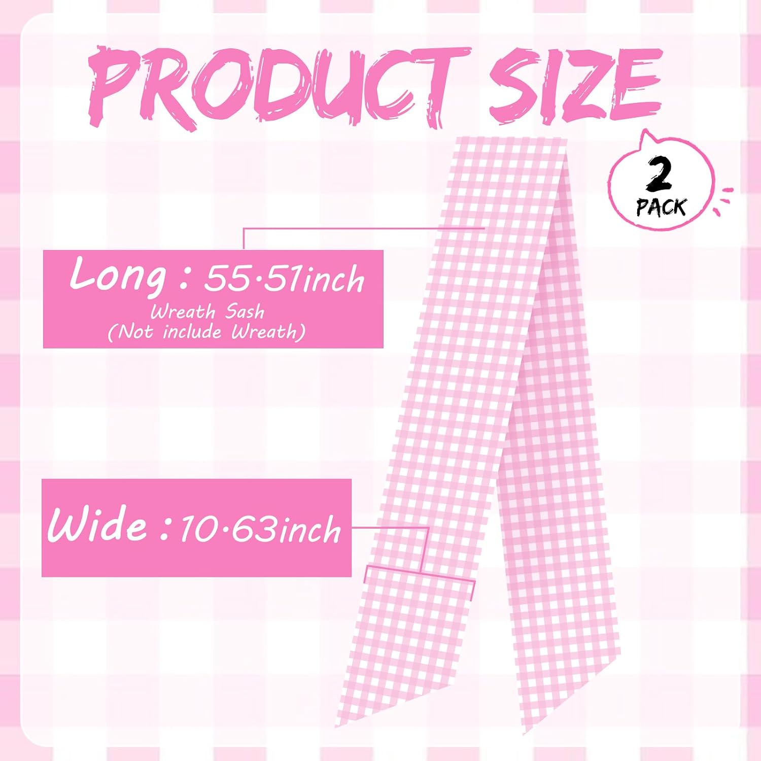 Pink Wreath Sash for Front Door - 2 Pcs Cotton Plaid Sashes for Wreaths Baby Shower Girl, 55.5 Inch Check Wreath Sash for DIY Embroidery Monogram Bow Party Home Decor