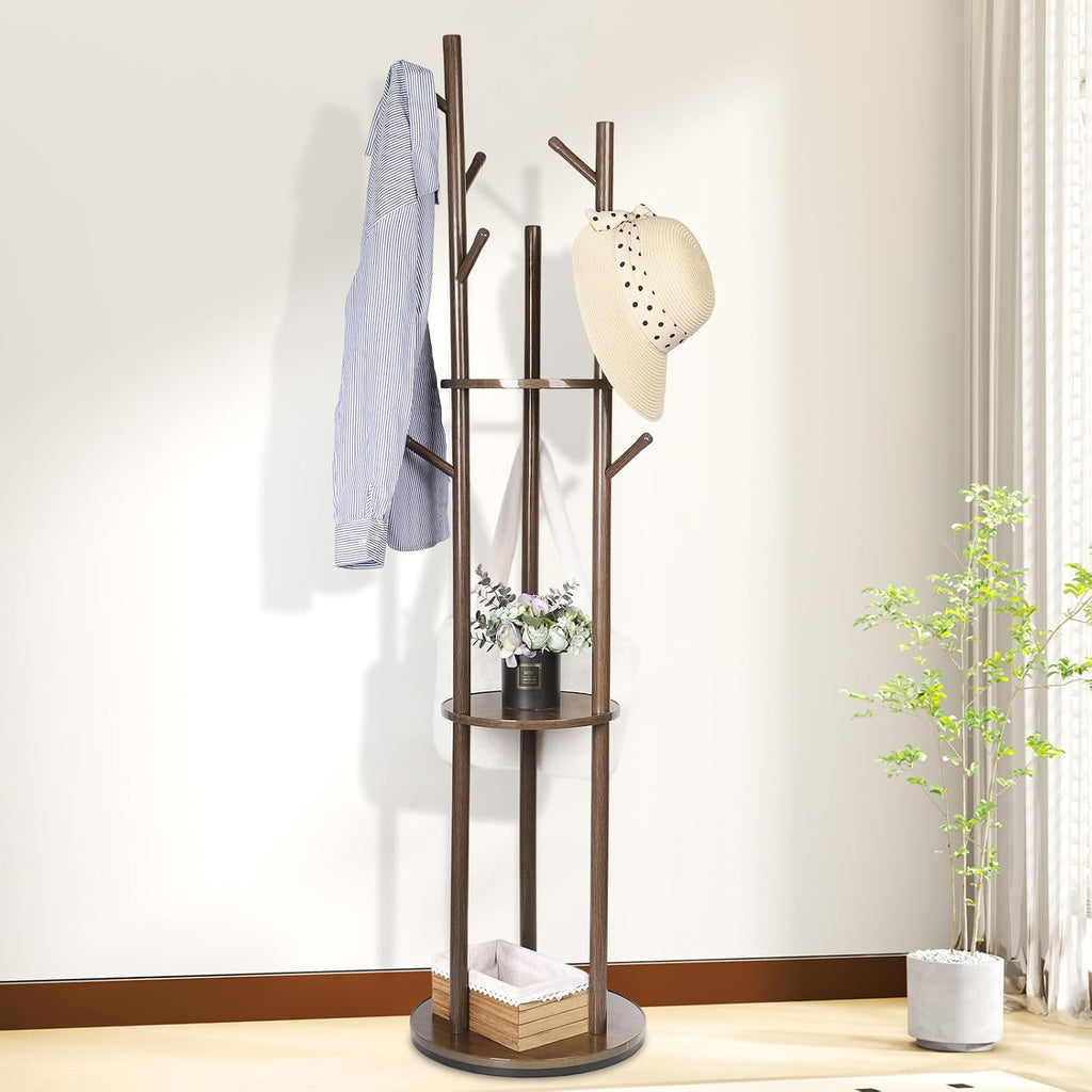 Wood Coat Rack Freestanding Rotary Coat tree with 3 Shelves and 9 Hooks | Heavy Duty Coat Rack Coat Hanger Stand for Entryway, Bedroom, Living Room – Holds Jackets, Coats, Hats, Bags (Walnut)