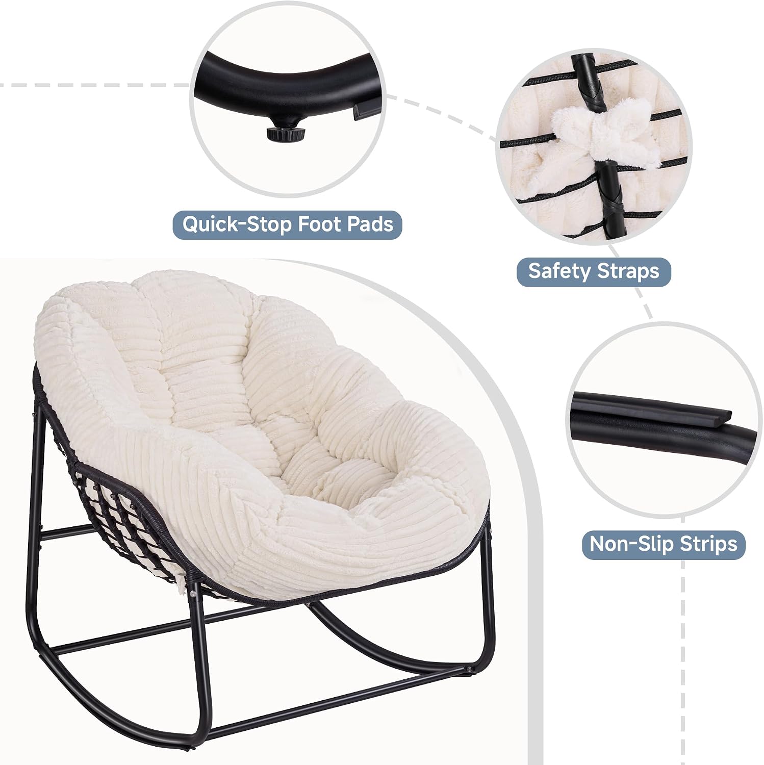 Indoor Rocking Chair, Oversized Outdoor Lounge Chair with Thick Corduroy Cushion & Straps, Wicker Modern Comfy Rocker Egg Chair for Living Room, Bedroom, Porch and Courtyard, Beige