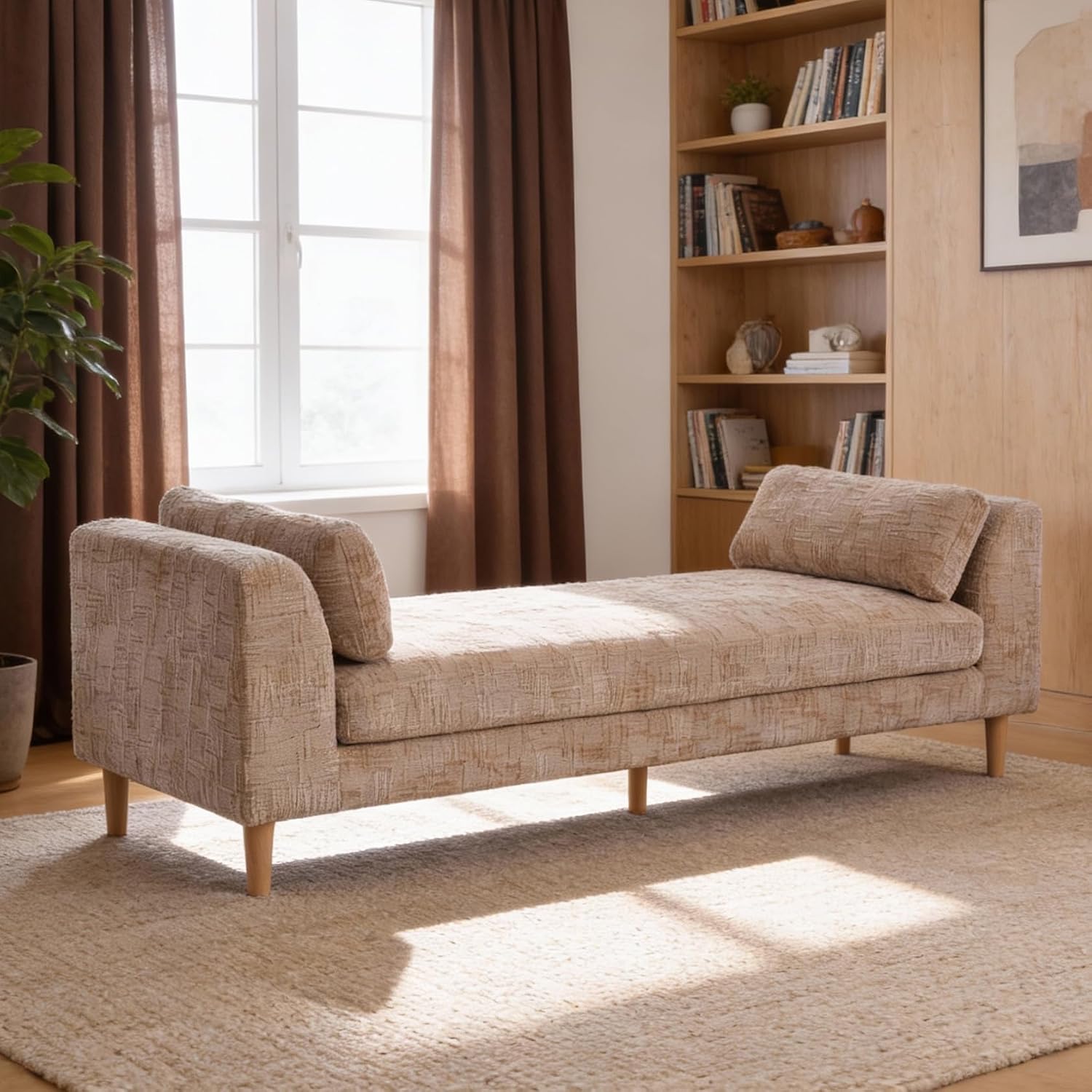 Aoiy & Wifon 83.1" W End of Bed Bench King Size, Oversized Window Bench Seat with Pillows & Rubberwood Legs for Bedroom/Living Room/Apartment, Polyester, Wheat
