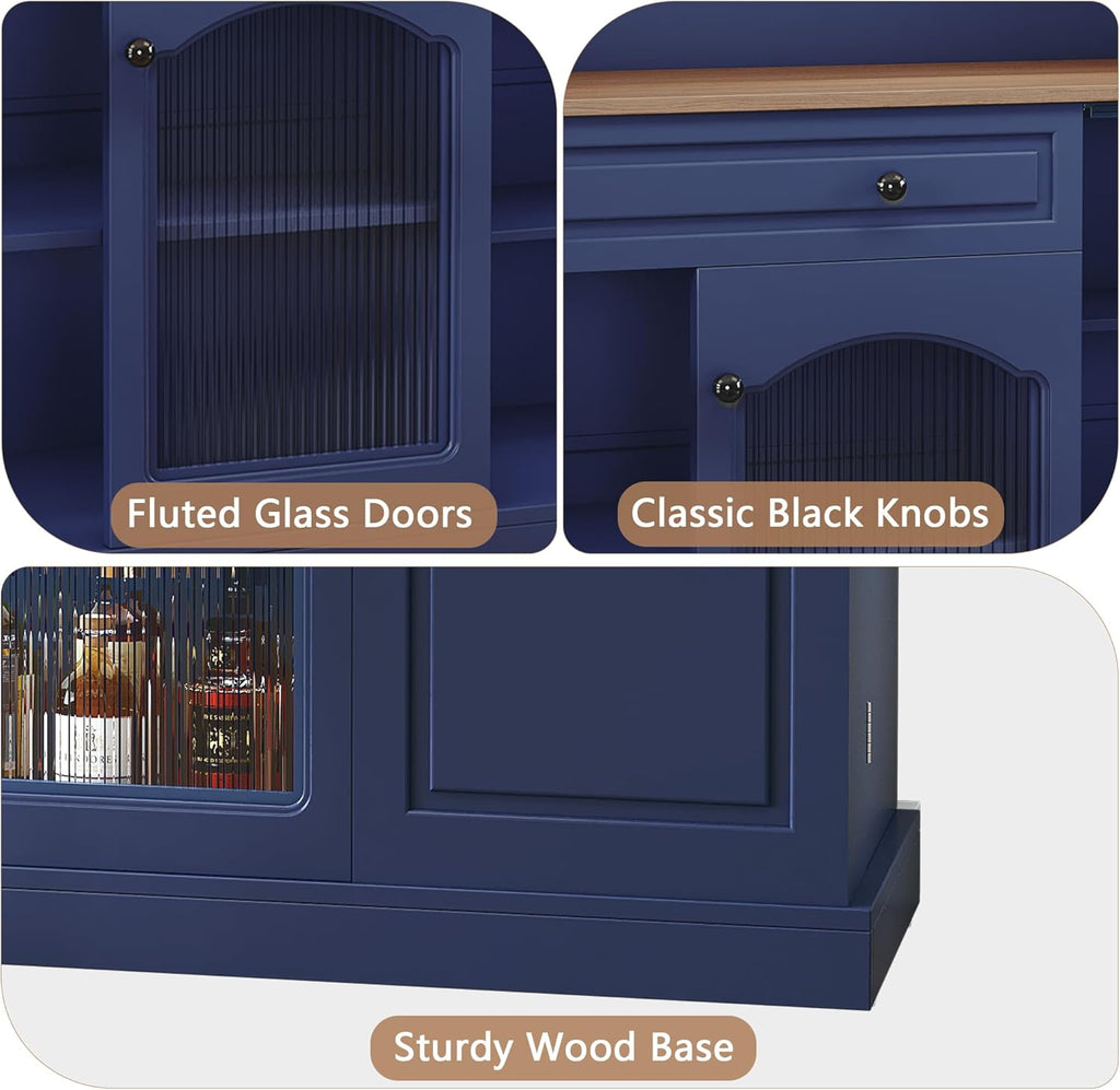 ARTPOWER Farmhosue Coffee Bar Cabinet with Hutch - 48” Modern Buffet Cabinet with Drawer Storage and Glass Doors,Wine Bar Table with Adjustable Shelves for Living Dining Room,Blue