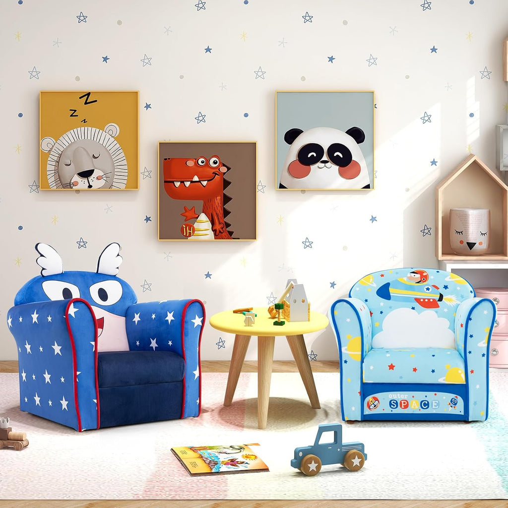 HONEY JOY Kids Couch, Toddler Sofa Armchair with Flyman Pattern, Children Mini Playroom Furniture, Sturdy Wooden Construction, Baby Small Armrest Chair, Lightweight Kids Sofa for Boys Girls (Blue)