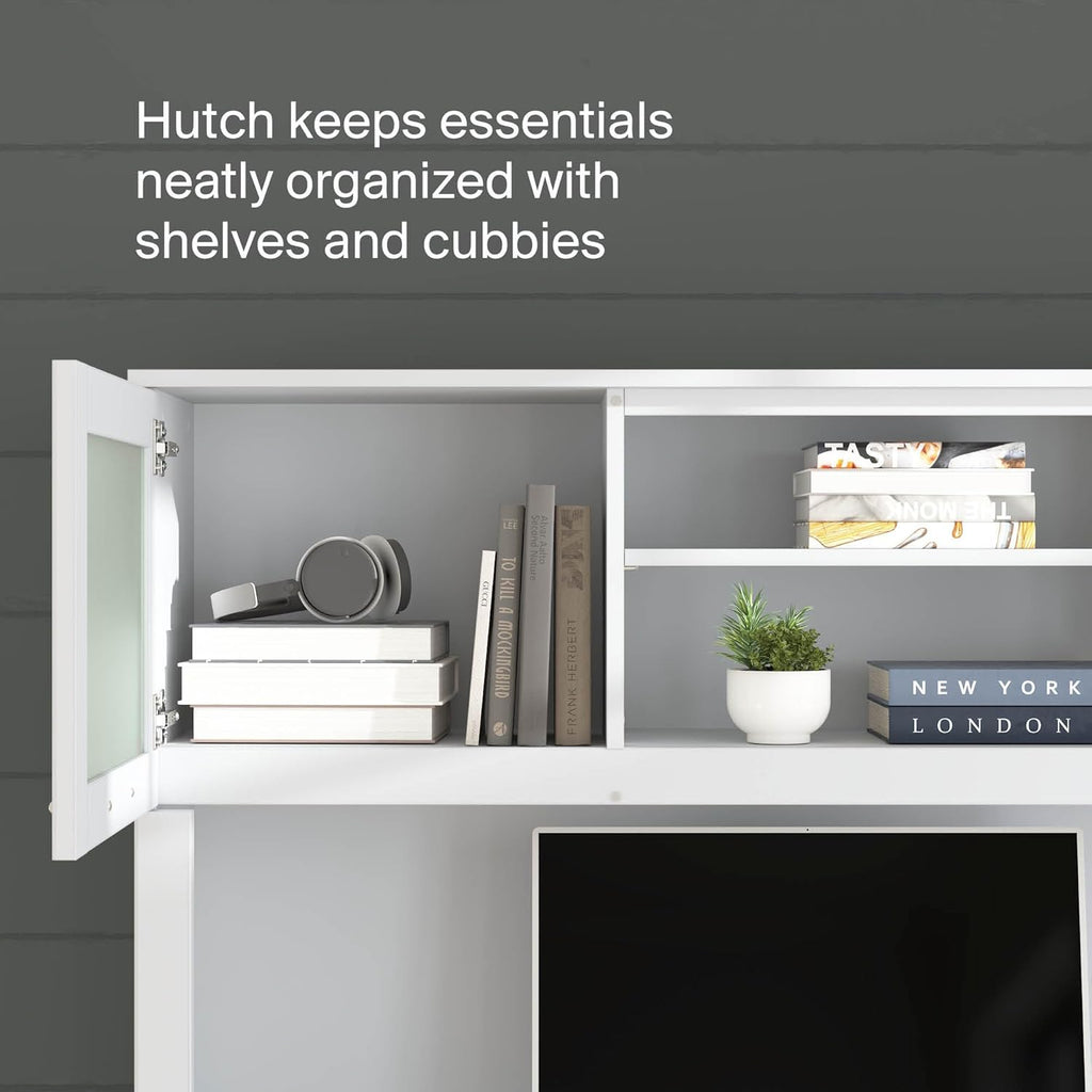 Bush Home 60-Inch Desk Hutch, Office Storage Organizer with Shelves, Cubbies and Frosted Glass Doors for Computer Desk, Home Office Furniture, Somerset Collection, White