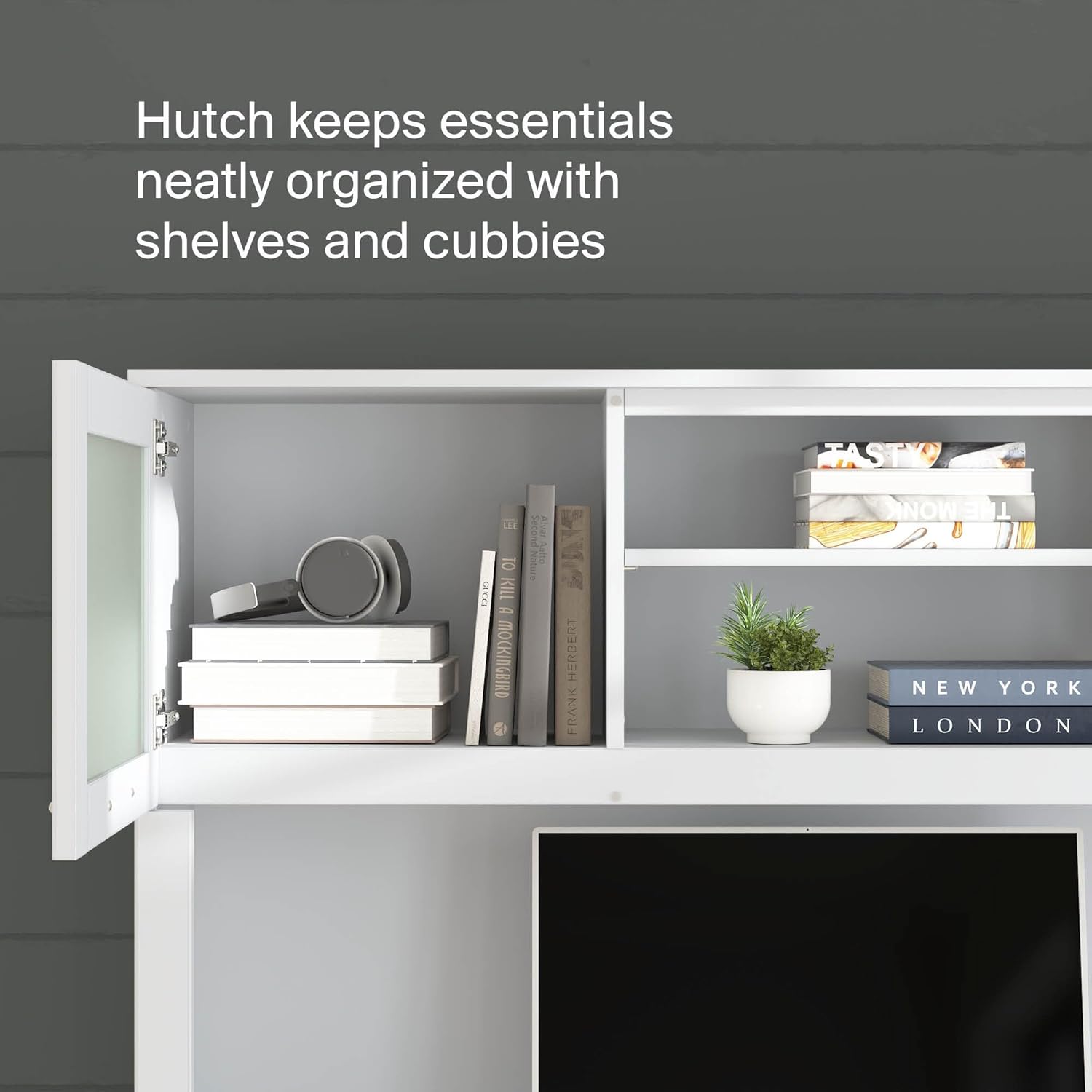 Bush Home 60-Inch Desk Hutch, Office Storage Organizer with Shelves, Cubbies and Frosted Glass Doors for Computer Desk, Home Office Furniture, Somerset Collection, White