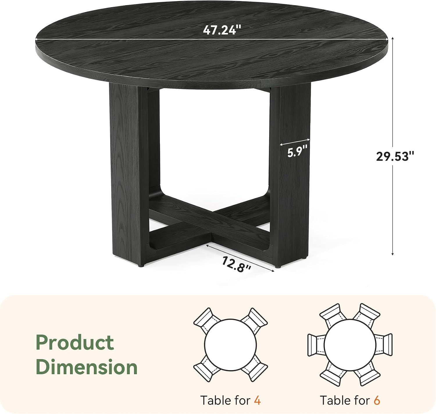 47.24" Black Round Dining Table for 4–6 People, Solid Wood Kitchen Table with 1.18" Thick Wooden Tabletop & Stable Cross-Shaped Base for Dining Room, Pure Black