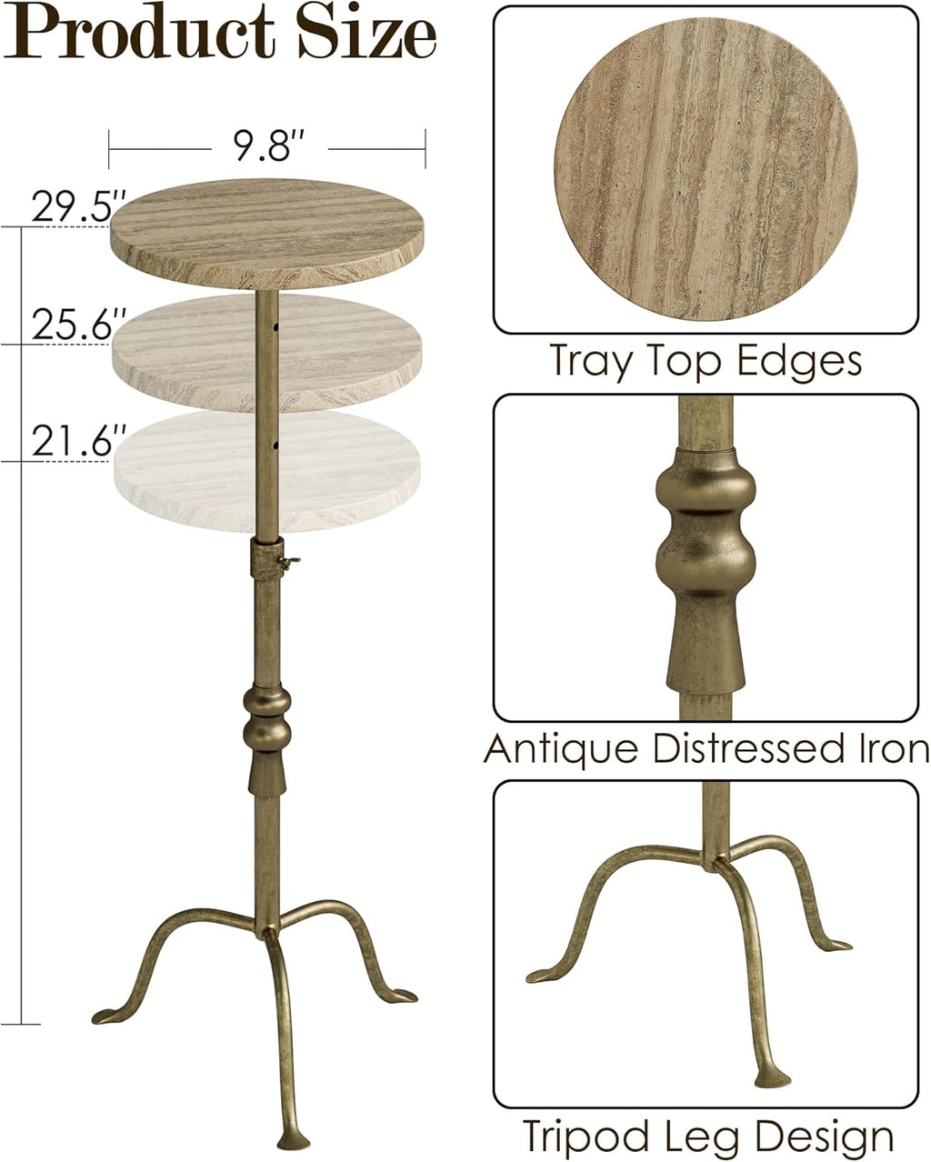 Adjustable Height Round Pedestal Table - 22-30 Inch, Modern Martini Cocktail End Table with Natural Travertine Top & Antique Brass Base for Small Spaces Living Room, Bedroom (Noche Travertine)