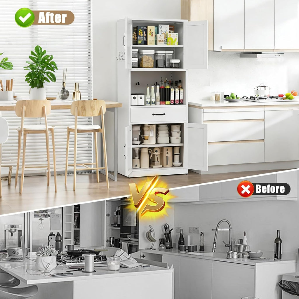 White Steel Kitchen Pantry Storage Cabinet with Large Countertop, Adjustable Shelves, Drawers & Hooks, Heavy-Duty White Cabinet for Kitchen Living Room Bathroom, 30.3x15.7x70.9 Inches