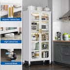 65" Kitchen Pantry Storage Cabinet 6 Tier Metal Display Storage Cabinet With Transparent Door Adjustable Shelves & Wheels Versatile Storage Food Upright Cabinets For Kitchen Dining Room White