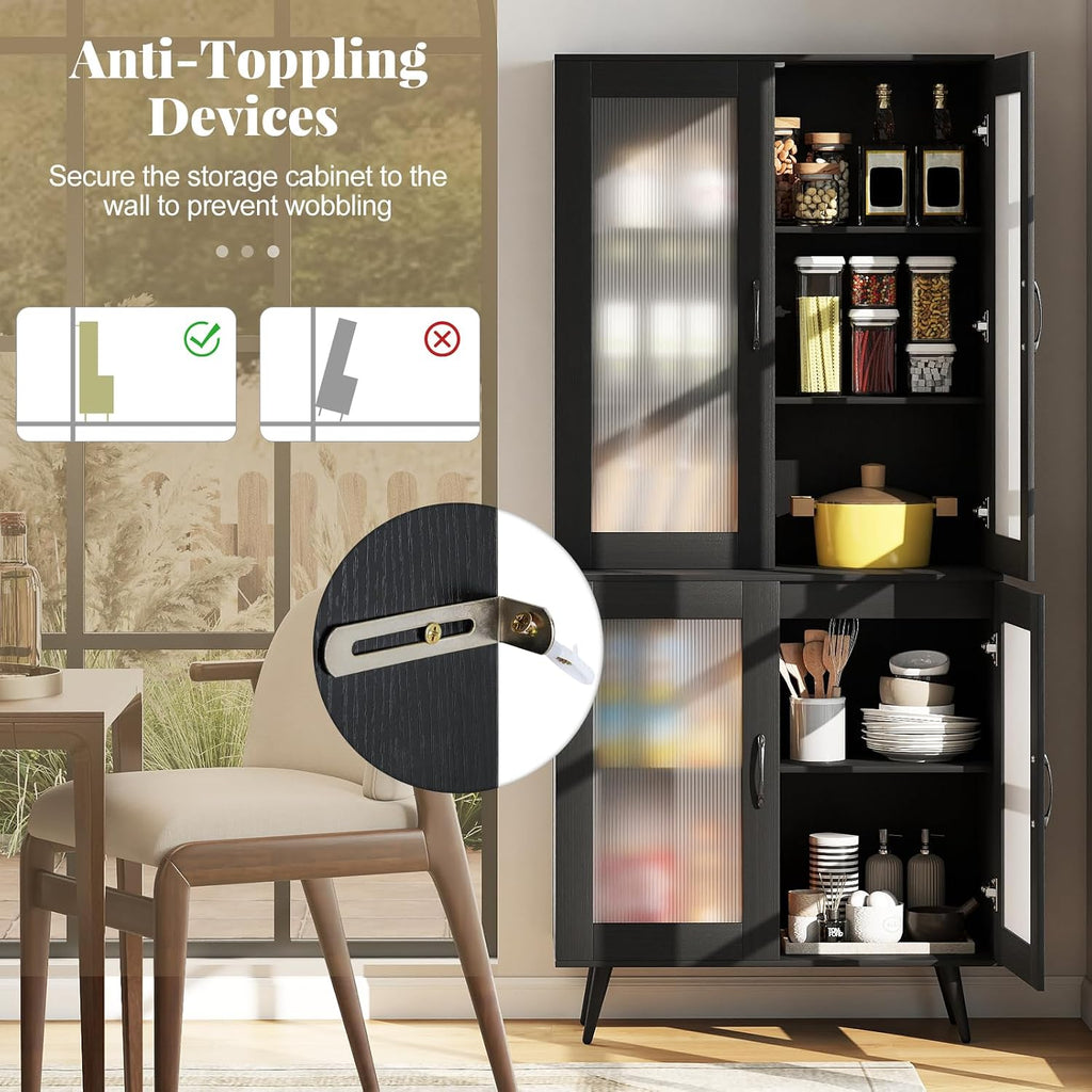 70.5”H Pantry Cabinet, 5-Tier Food Pantry with 4 Transparent Doors & Adjustable Shelves & Metal Legs, Tall Storage Cabinet for Kitchen, Living Room, Dining Room, Home Office, Bathroom (Black)