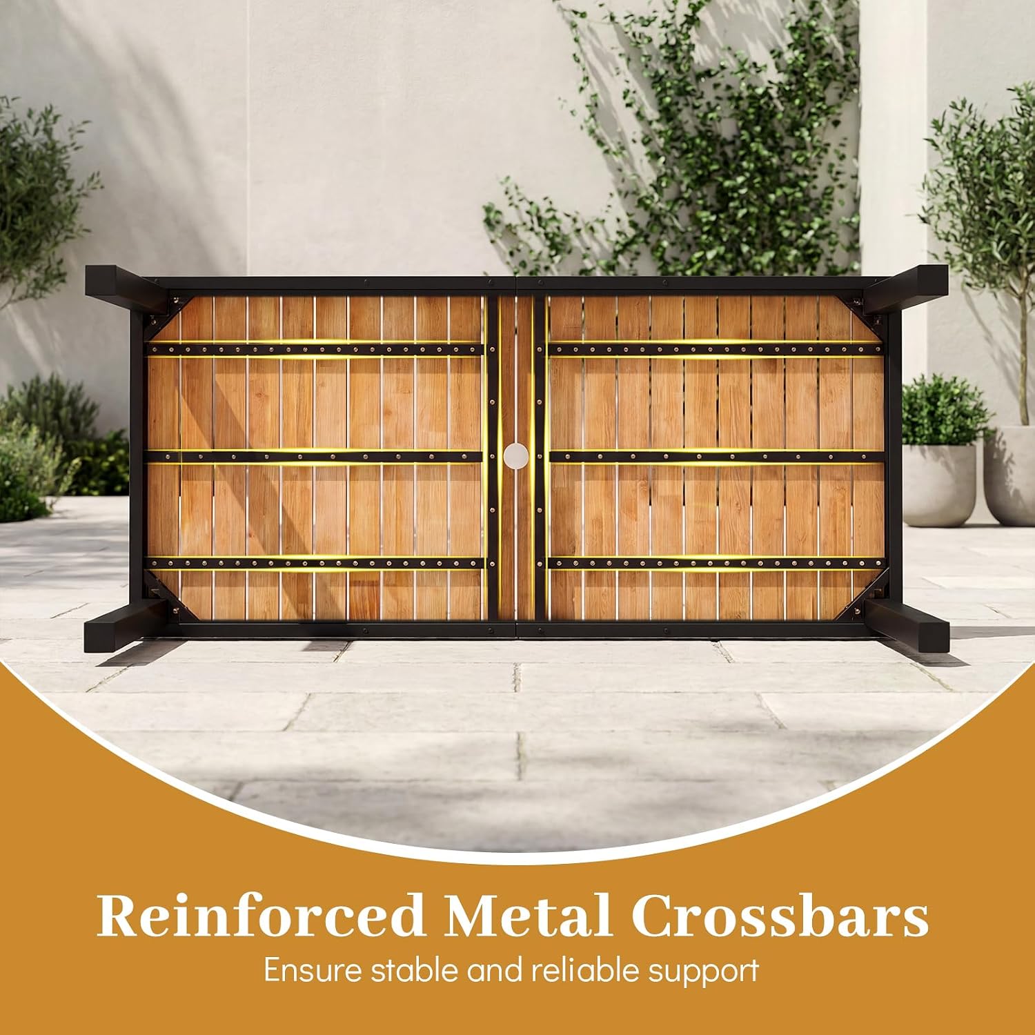 Tangkula 58" Rectangular Patio Dining Table for 6, Acacia Wood Outdoor Table with Slatted Top, 1.97" Umbrella Hole and Heavy Duty Metal Frame, Outside Table for Porch, Garden, Yard, Deck and Poolside