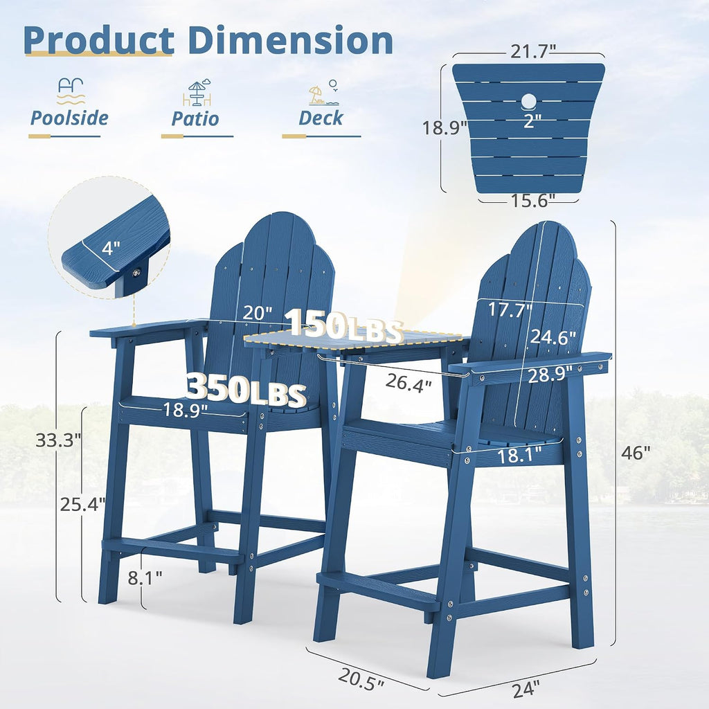 LUE BONA Tall Adirondack Chair Set of 2, All Weather HDPS Bar Height Chairs with Aluminum Legs, Detachable Table & Umbrella Hole for Patio, Deck, Backyard & Commercial Use Navy Blue