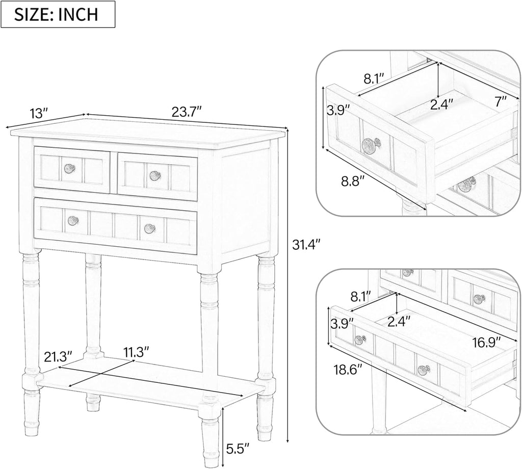 Knocbel Slim Antique Entry Console Table with 3 Drawers & Bottom Open Shelf, Solid Wood Narrow Small Sofa Table for Entryway Hallway Living Room 23.7" W x 13" D x 31.4" H Brown