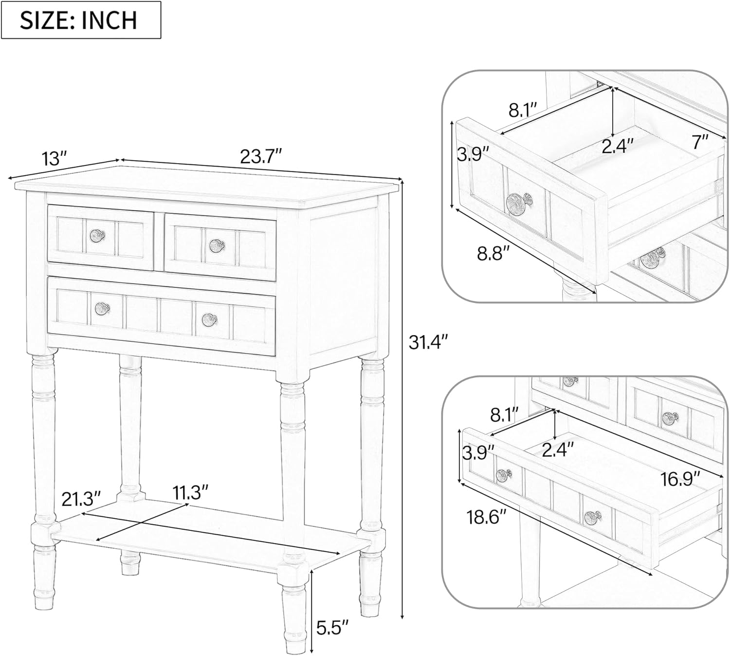 Knocbel Slim Antique Entry Console Table with 3 Drawers & Bottom Open Shelf, Solid Wood Narrow Small Sofa Table for Entryway Hallway Living Room 23.7" W x 13" D x 31.4" H Brown