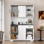 Gyfimoie 71’’ Farmhouse Kitchen Pantry Cabinet, Tall Storage Cabinet with Power Outlet, Freestanding Hutch with Drawer, 4 Adjustable Shelf & 6 Doors for Kitchen Living Room (White)