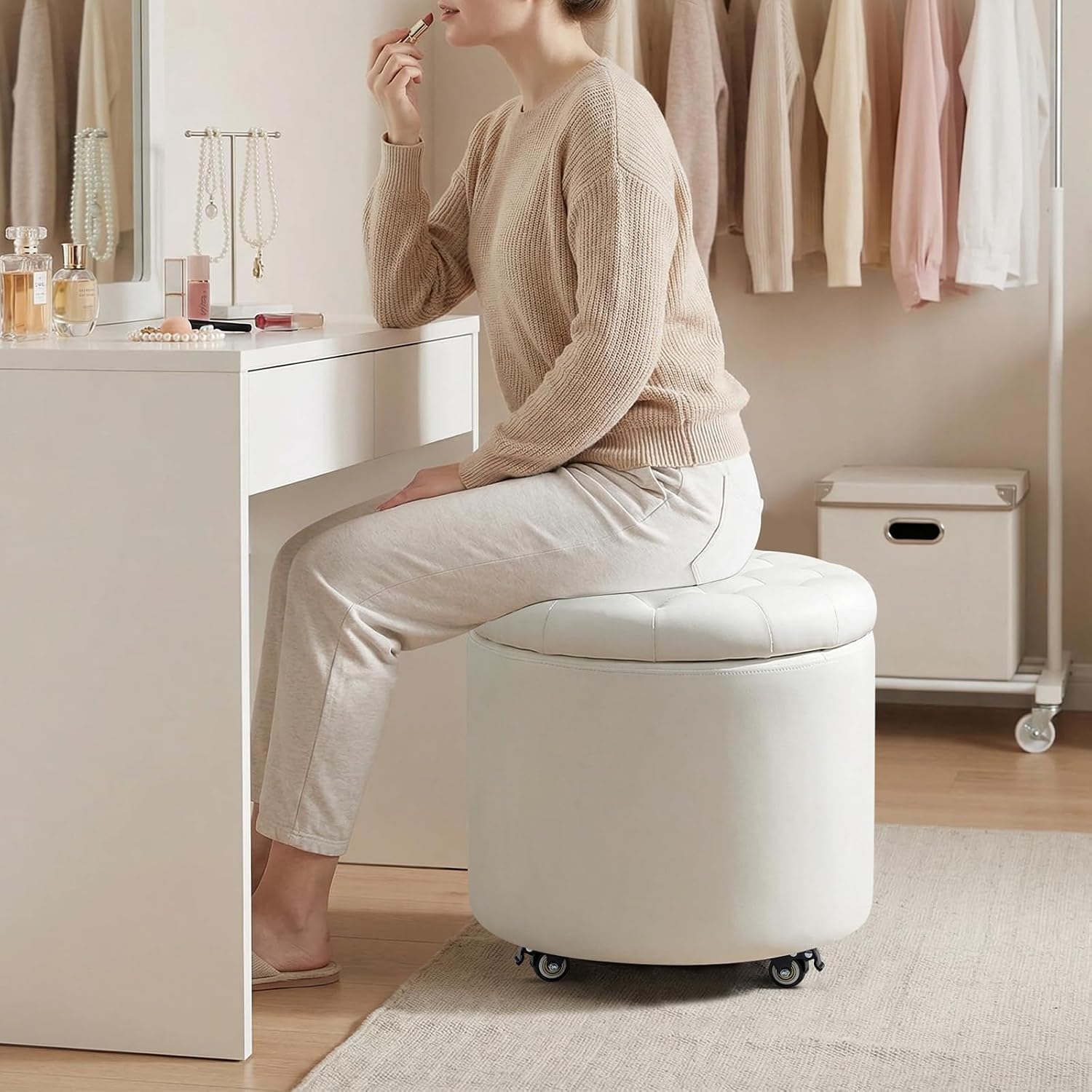 Furniliving Upholstered Button Tufted Round Ottoman with Wheels, PU Storage Ottoman Round, Removable Lid Convenient Footstools, Classic Ottoman with Storage for Vanity, Nursery Room, IvoryWhite