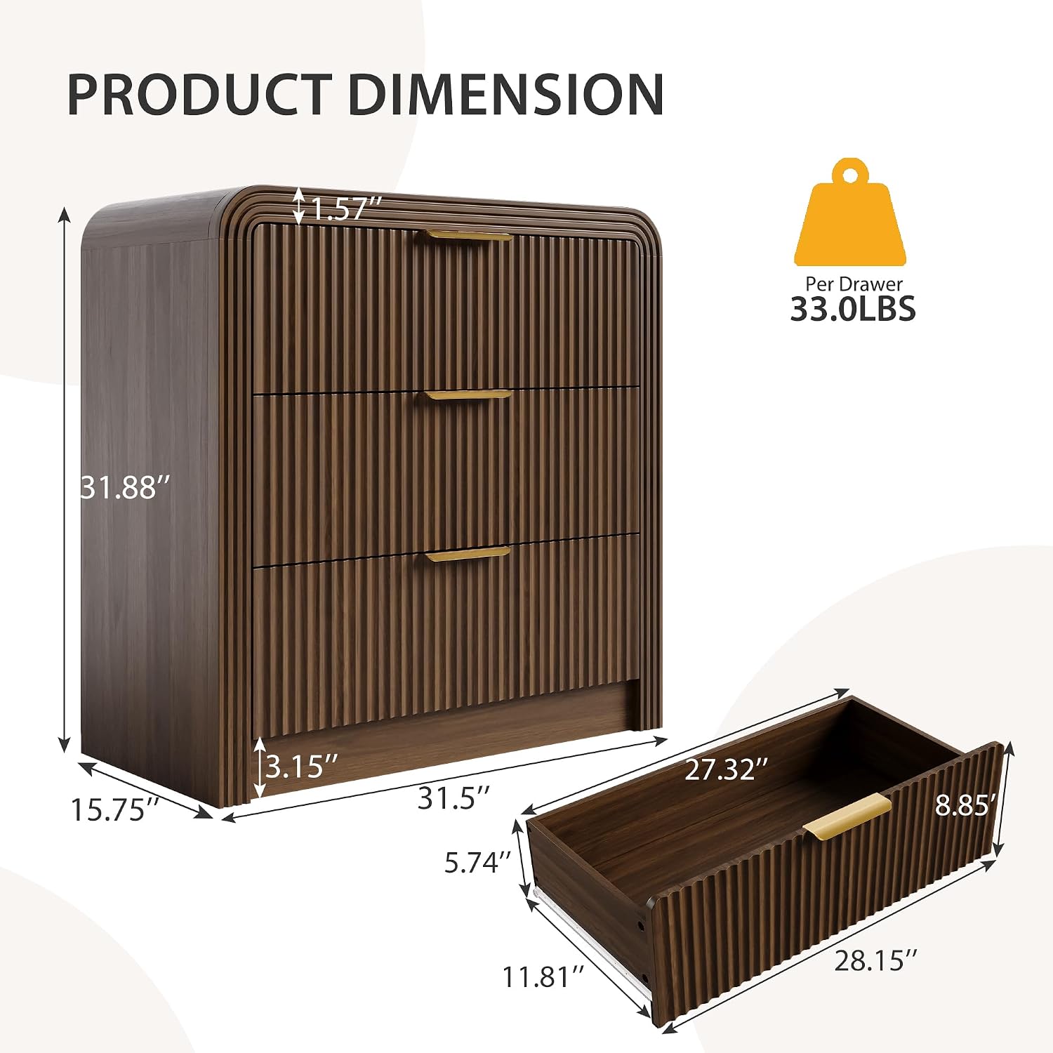 31.5" Wide Oversized Fluted Nightstand, Curved Profile Design, Modern Beside Table with 3 Large Storage Drawers, End Table for Bedroom (Walnut) | Modern Beside Table with Curved Profile Design, End Table for Bedroom