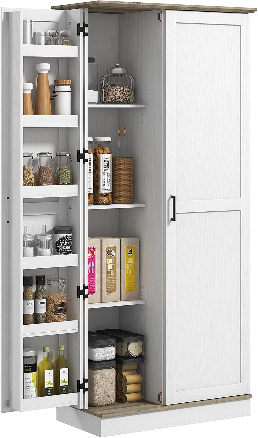 70" Tall Kitchen Pantry Cabinet, Modern Storage Cabinet with 6 Spice Racks and Adjustable Shelves, Freestanding Cupboard for Living Room, Dining Room, Cream White,15.7 * 31.5 * 69.8