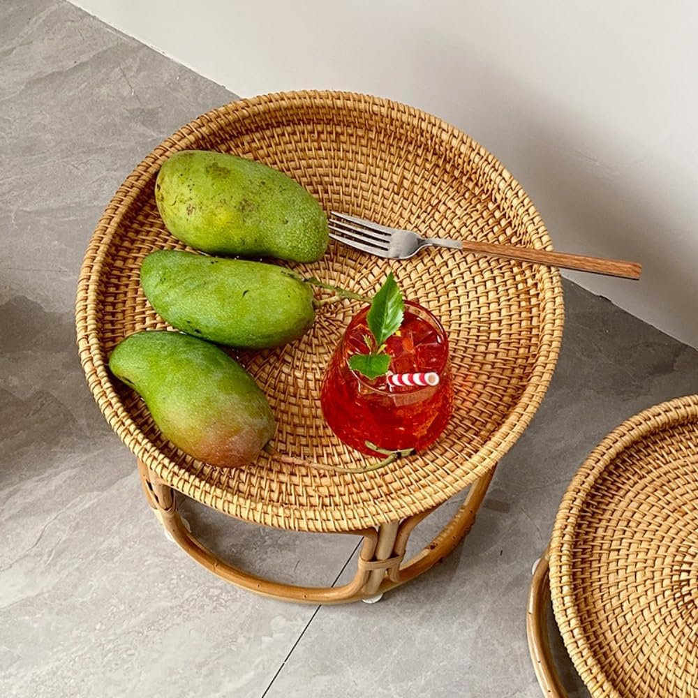 Bohemian Rattan Side Table, Round Wicker Accent Table, Small Bamboo End Table for Living Room, Balcony, or Bedroom Décor(Large)
