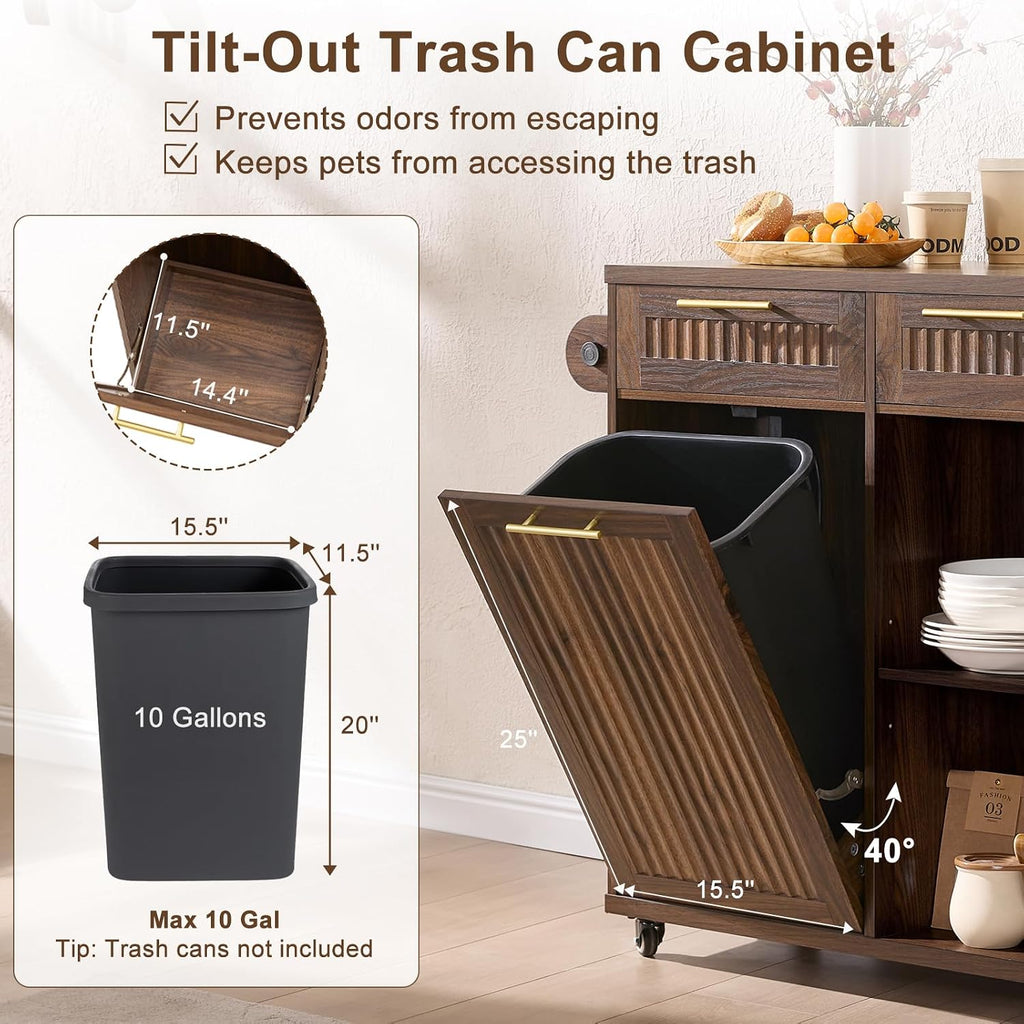 Okvnbjk 57" Rolling Kitchen Island with Storage & Drop Leaf, Walnut | Mobile Island with Trash Can Storage Cabinet, Power Outlet, Large Island Cart on Wheels with Spice & Towel Rack, Knife Holder