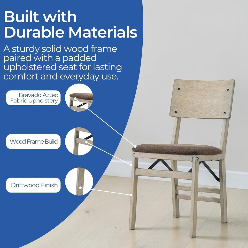Stakmore Comfort Curve Wood Folding Chairs Set of 2, Padded Upholstered Seat, Solid Hardwood Dining & Card Table Chairs, Space Saving, No Assembly, Driftwood Frame with Bravado Aztec Fabric