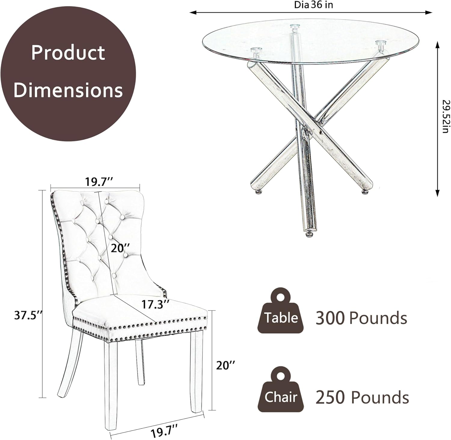 Modern Silver Round Glass Dining Table Set for 4, 36'' Luxury Minimalist Circle Dinette Room Set, 5 PCS Clear Circular Glass Top Kitchen Set, Grey High-end Tufted Chairs, for Small Place