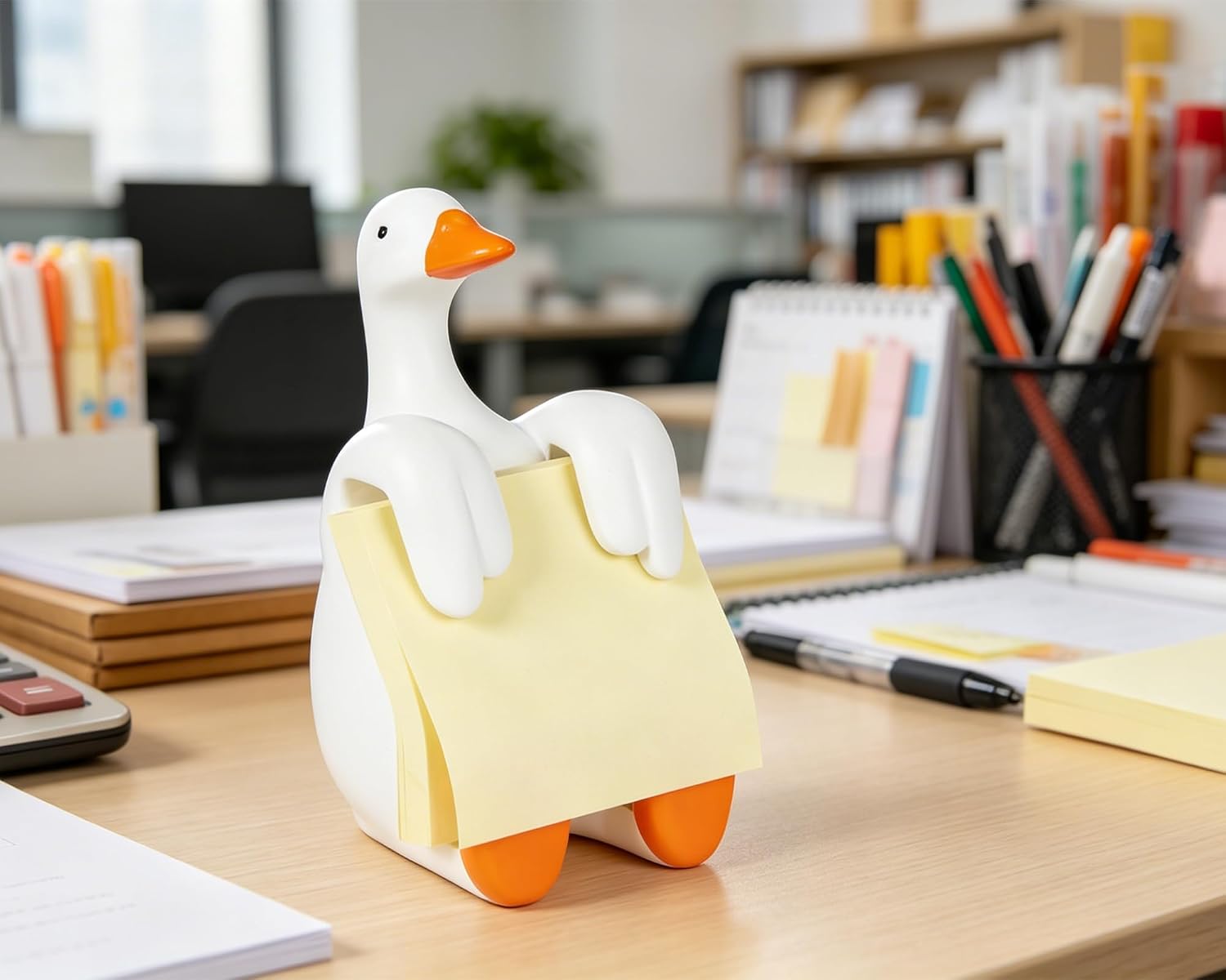 Silly Goose Pop-up Sticky Note Dispenser, Includes 1 Pad of 3x3 in Super Sticky Notes, 100 Sheets, Resin Cute Handmade Desk Holder for Office & Home, Funny Goose Desk Decorations-Orange