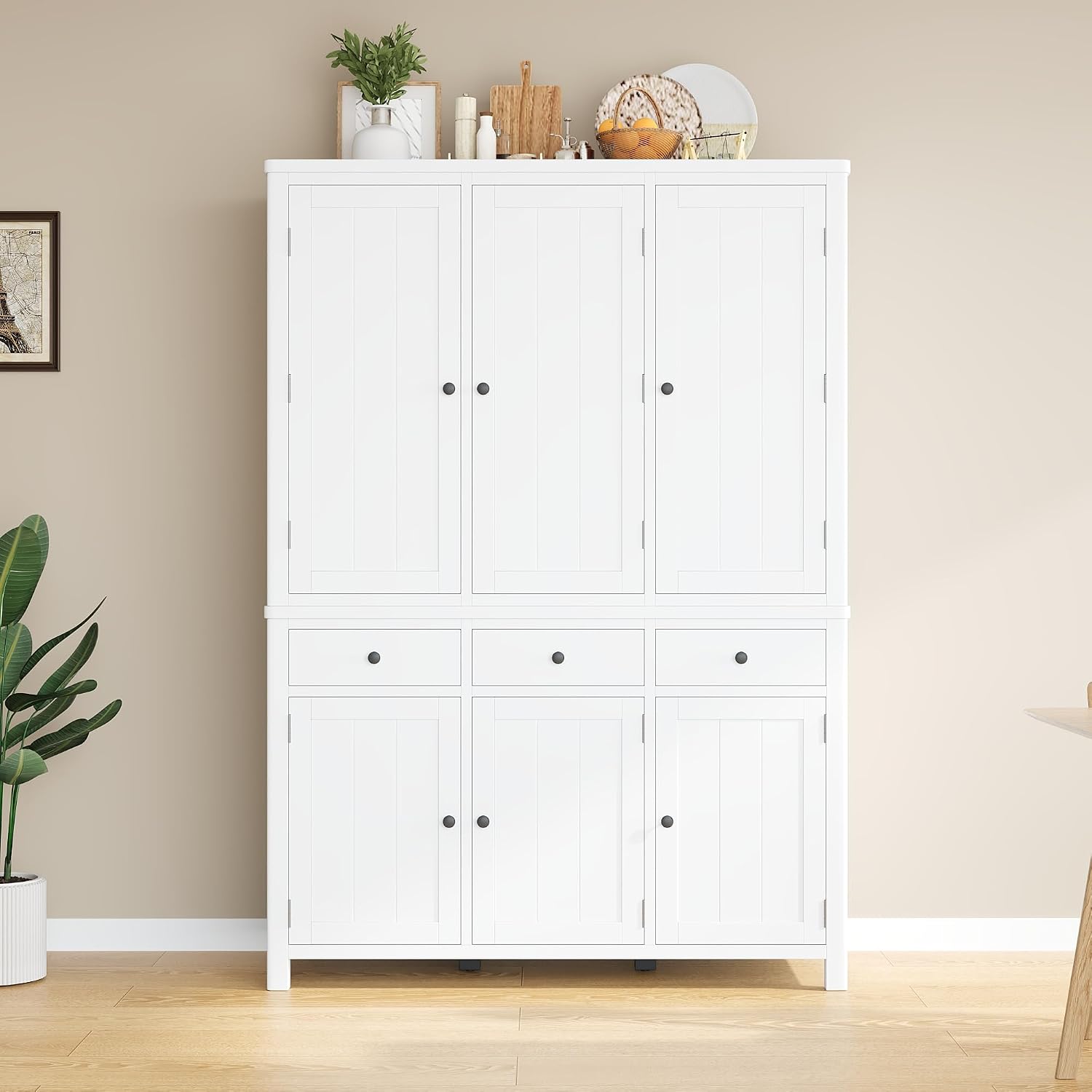 Freestanding Pantry Storage Cabinet with Adjustable Shelves, High Cupboard Cabinet with Door Shelves, Pull-Out Trays and Drawers for Kitchen, Dining Room, Living Room (White)