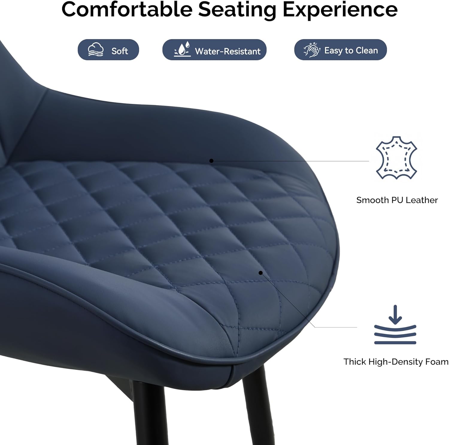 Dining Chair Set of 4, Modern Dining Chairs with Thick Cushions, Faux Leather Upholstered Kitchen Dining Room Chairs with Metal Adjustable Legs for Dining Living Room, Blue